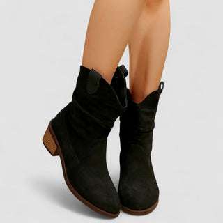 Bottes femme suède noir, tirant au mollet, talon bloc et semelle brune.