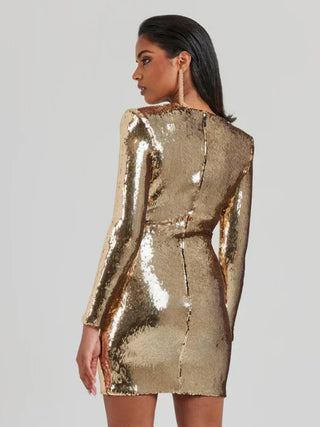 Hanna| Robe Mini à Manches Longues en Paillettes Plissée