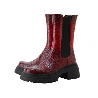 Bottine à enfiler rouge bordeaux effet croco, tige haute avec élastique latéral
