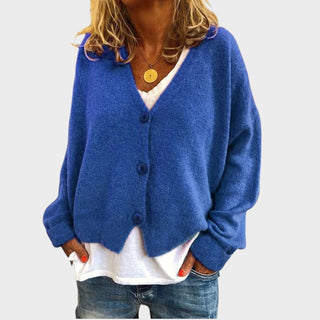 Gilet en maille bleu à encolure V, boutons et manches longues