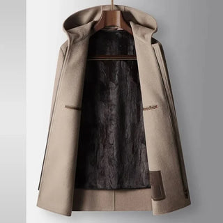 Manteau à capuche en laine 100%, marron clair, ouverture et doublure noire