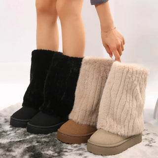 Bottes assorties en peluche noire et beige, semelle épaisse et bout arrondi