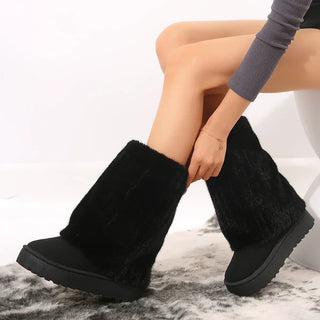 Bottes femme noires à tige en peluche, semelle épaisse, look confortable