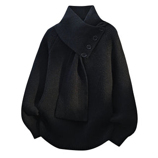 Pull femme noir à col écharpe, boutons ronds sur patte avant, maille côtelée