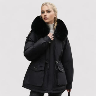 Manteau d’hiver Sofia noir, capuche fourrée, parka zippée avec poches à rabat