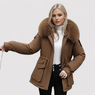 Manteau d’hiver Sofia marron, capuche bordée de fausse fourrure, parka zippée