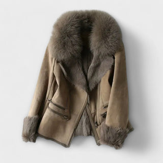 Manteau peau de mouton fourré : col et poignets en fourrure, zip, taupe.