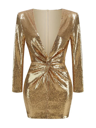 Hanna| Robe Mini à Manches Longues en Paillettes Plissée