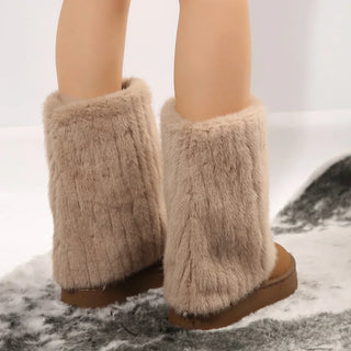 Bottes à tige haute en peluche beige, vue arrière, semelle épaisse marron