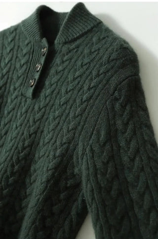 Pull en cachemire vert foncé, épaules et corps en maille torsadée