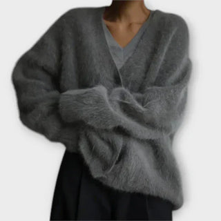 Cardigan à encolure V, boutonné devant, manches longues, tissu duveteux gris foncé