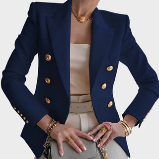 Blazer bleu marine à boutons dorés, revers tailleur, style croisé, manches longues