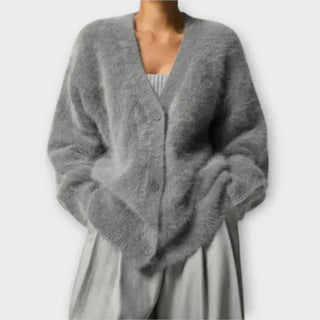 Cardigan à encolure V, boutons devant, manches longues, tissu duveteux gris