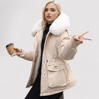 Manteau d’hiver Sofia beige clair, capuche fourrée, parka zippée et poches