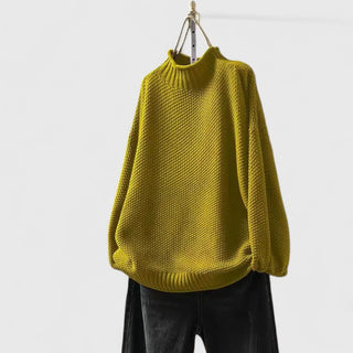 Pull femme col montant texturé jaune, manches chauve-souris