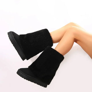 Bottes femme noires à tige en peluche haute, semelle épaisse visible