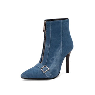 Botte bleu à talon aiguille fin, bout pointu, zippée latérale, boucle carrée