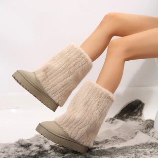 Bottes femme beige à tige en peluche haute, semelle épaisse couleur taupe
