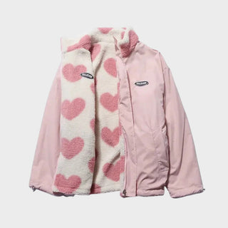 Veste réversible Manuela rose pâle: extérieur lisse et polaire blanche à cœurs roses