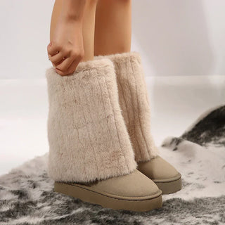Bottes femme beige à tige en peluche, semelle épaisse, style cocoon