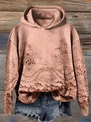 Sweat à capuche rose brun, broderie florale et ourlet festonné
