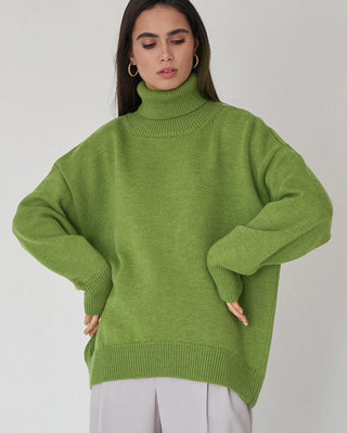 Blouse en tricot surdimensionnée vert à col montant côtelé, manches longues