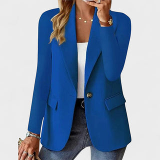 Blazer élégant bleu à un bouton, manches longues, poches à rabat sur le devant