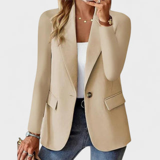 Blazer élégant beige à un bouton, col tailleur, poches à rabat et fente sur le bas
