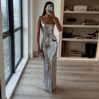 Emilia| Robe maxi scintillante à bretelles spaghetti