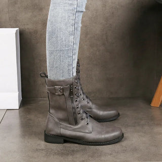Bottes mi-mollet gris clair à lacets, patte latérale à boucle et talon bas