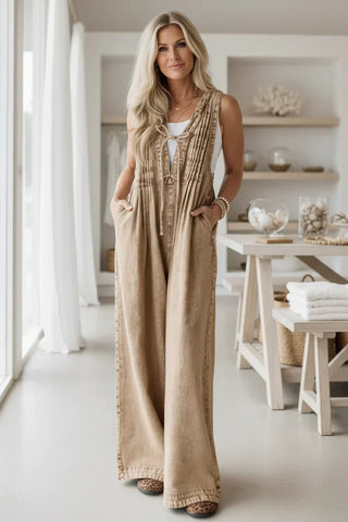 Combinaison boho kaki beige sans manches, col V avec cordon, jambes larges.