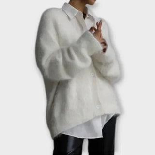 Cardigan à encolure V, boutons devant, manches longues, tissu duveteux blanc cassé