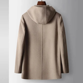 Manteau à capuche en laine 100%, vue de dos, marron clair, capuche ajustée