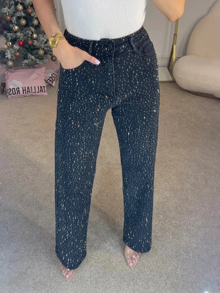 Jean femme coupe large taille haute avec détails scintillants