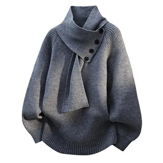 Pull femme gris anthracite à col écharpe, patte boutonnée noire, maille côtelée