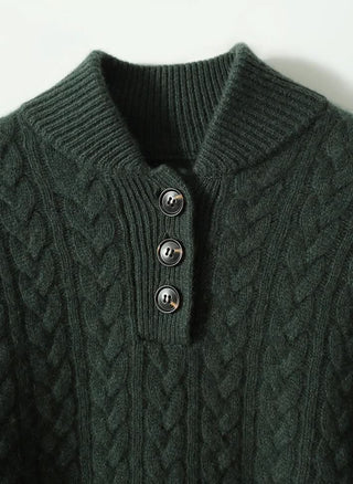 Pull en cachemire vert foncé, col montant boutonné, maille torsadée