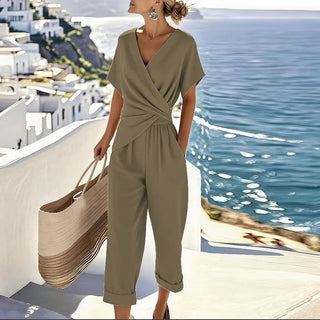 Combinaison fluide femme, haut portefeuille croisé, manches courtes, pantalon 3/4 tapered kaki
