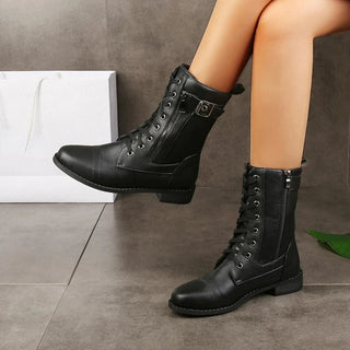 Bottes mi-mollet noires, laçage sur le devant et patte latérale à boucle