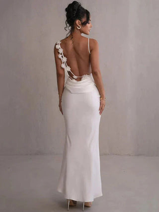 Xenia | Élégant robe maxi en satin texturé avec applications florales