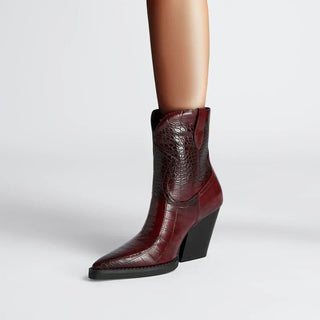 Bottes cheville bordeaux à talon bloc, effet croco, bout pointu