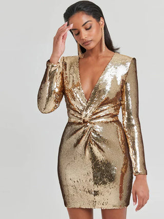 Hanna| Robe Mini à Manches Longues en Paillettes Plissée
