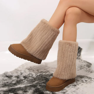 Bottes fourrées à tige haute en peluche beige, semelle épaisse marron