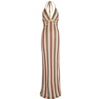 Robe maxi boho avec motif rétro en vagues & col - Dos nu & ajustée