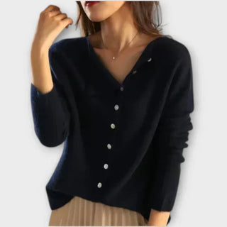 Cardigan bleu foncé boutonné à encolure V, manches longues, boutons visibles