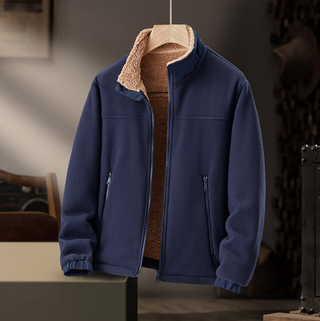 Veste en cuir d’agneau Zerano bleu foncé, doublure chaude et col en fausse fourrure.