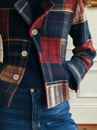 Veste à carreaux Ruby™ multicolore, vue de face, boutons ronds beige et poches