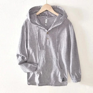 Sweat à capuche en lin gris à rayures, poche kangourou, patte de boutonnage.