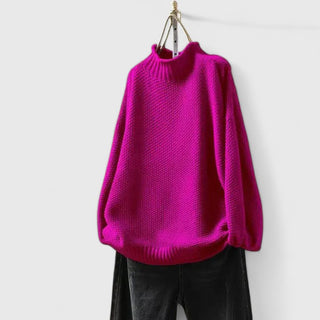 Pull femme col montant texturé rose fuchsia, coupe ample et manches chauve-souris
