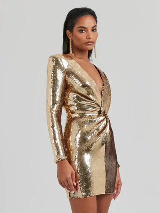 Hanna| Robe Mini à Manches Longues en Paillettes Plissée