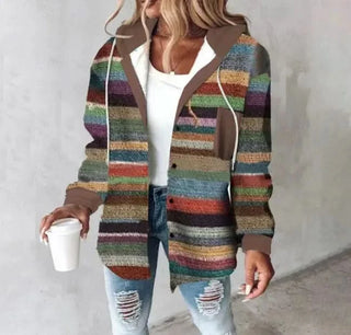 Manteau à capuche en tartan multicolore, manches longues, coupe ouverte, tissu texturé.